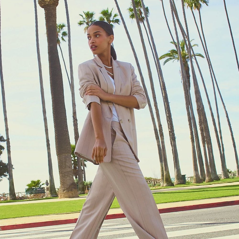 Pinstripe Double-Breasted Long Sleeve BF Blazer